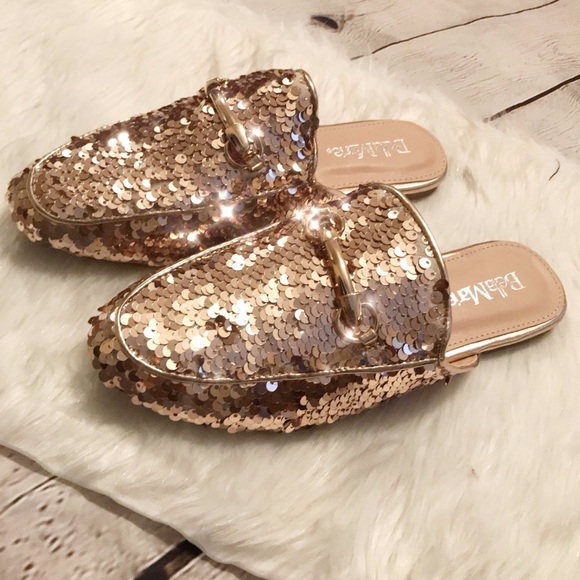 Bella Marie Shoes - Champagne Sequin Flat Mules